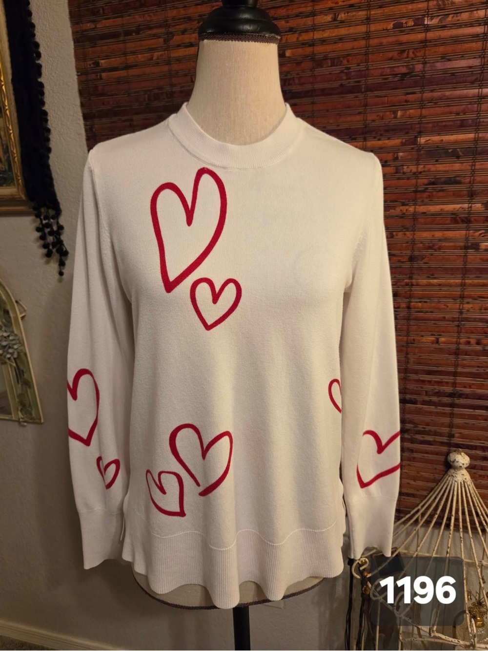 Marled White Sweater with Red Heart Accents
